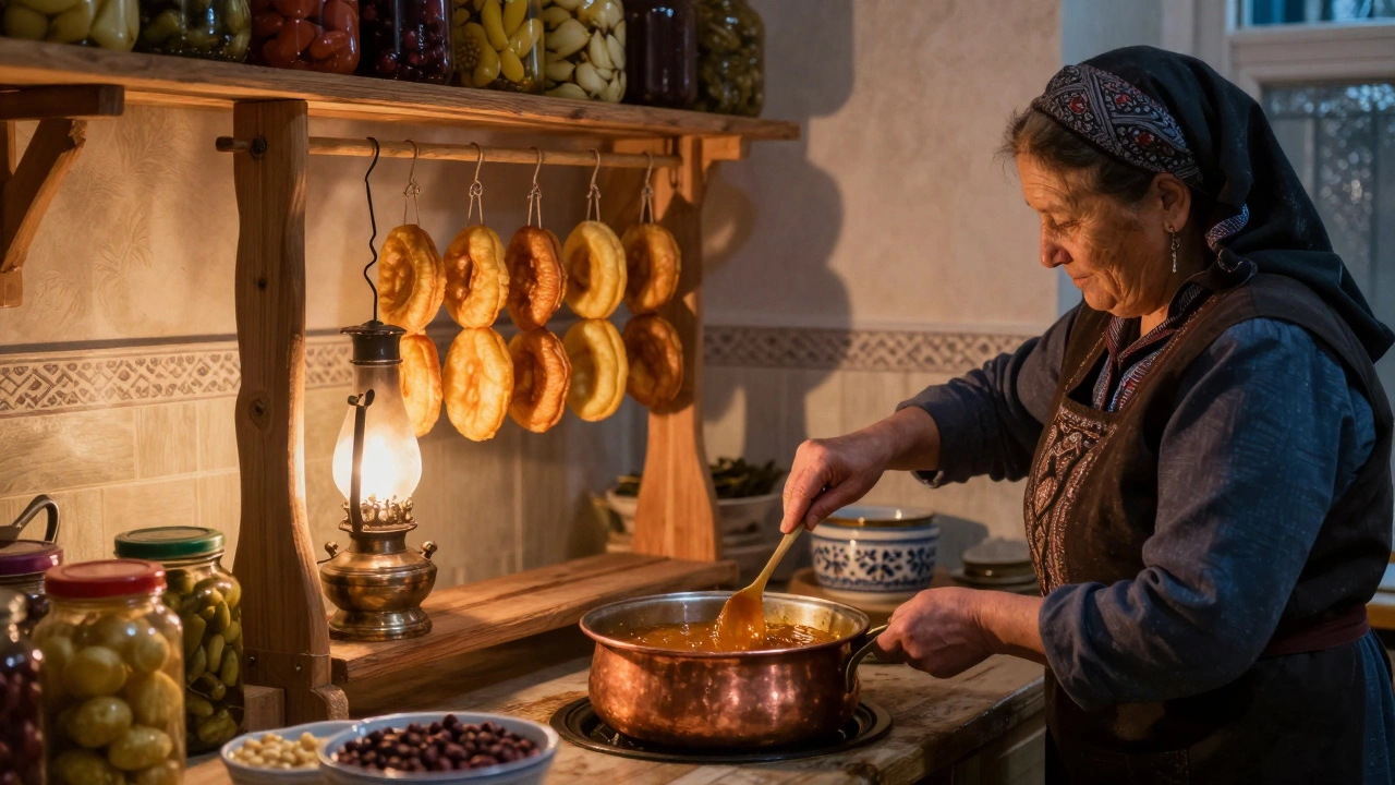 Татарская кухня в Казани: женщина готовит чак-чак, рядом — банки с квашеной капустой.