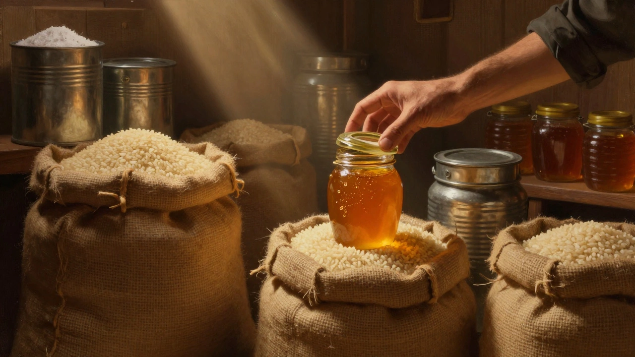 Тёмная кладовая с мешками, банками и жестяными банками, освещённая одним лучом света.