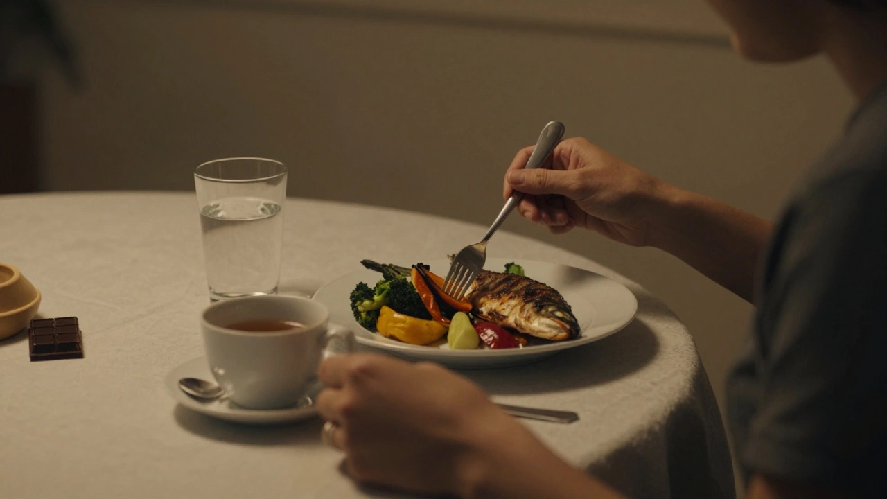 Тихий ужин с запечёнными овощами и рыбой, без отвлекающих устройств.