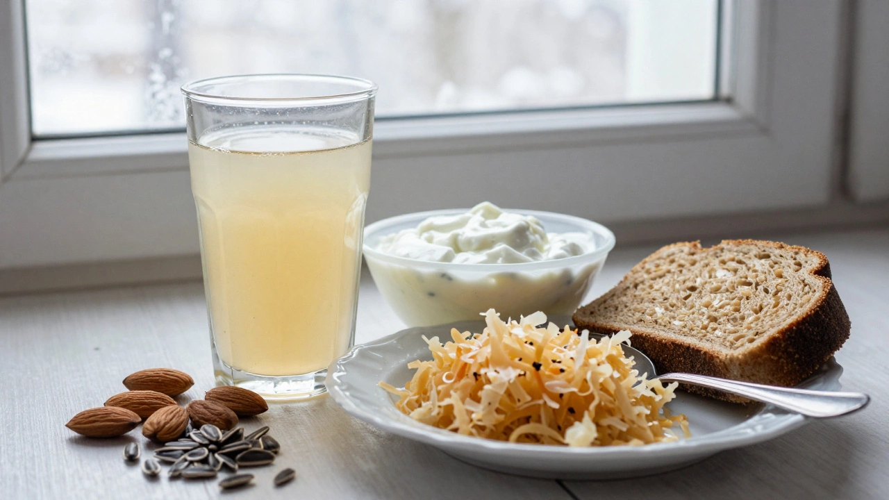 Традиционный русский стол с квасом, кефиром, ржаным хлебом и квашеной капустой.