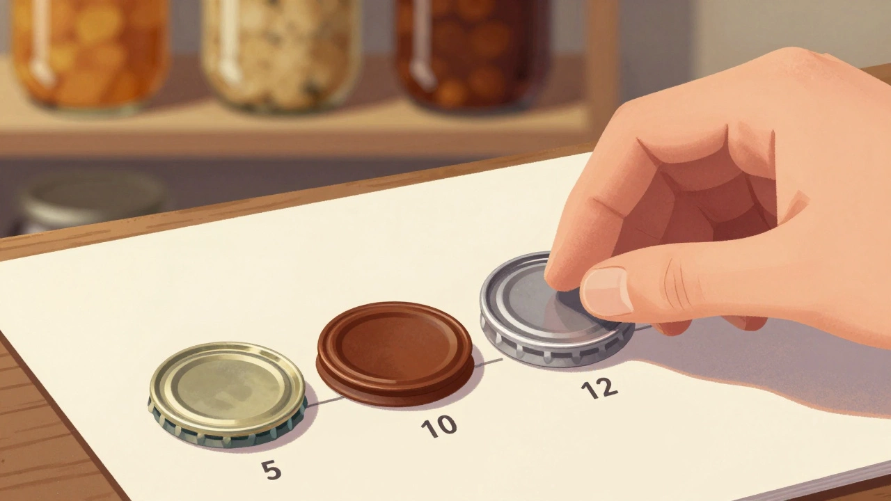Три типа крышек для консервации с обозначенным временем кипячения: 5, 10 и 12 минут.