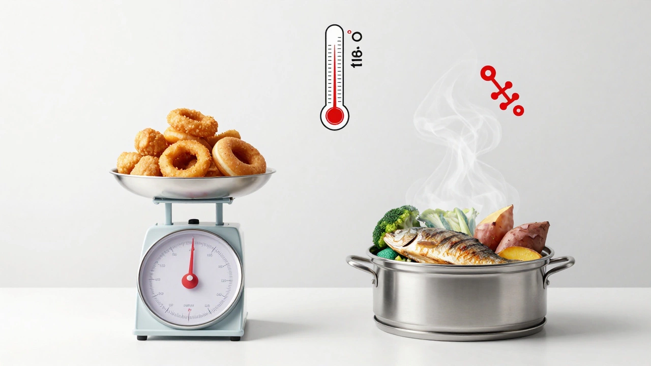 Весы с жареной едой с одной стороны и здоровой едой с другой, над ними термометр с пределом 160°C.