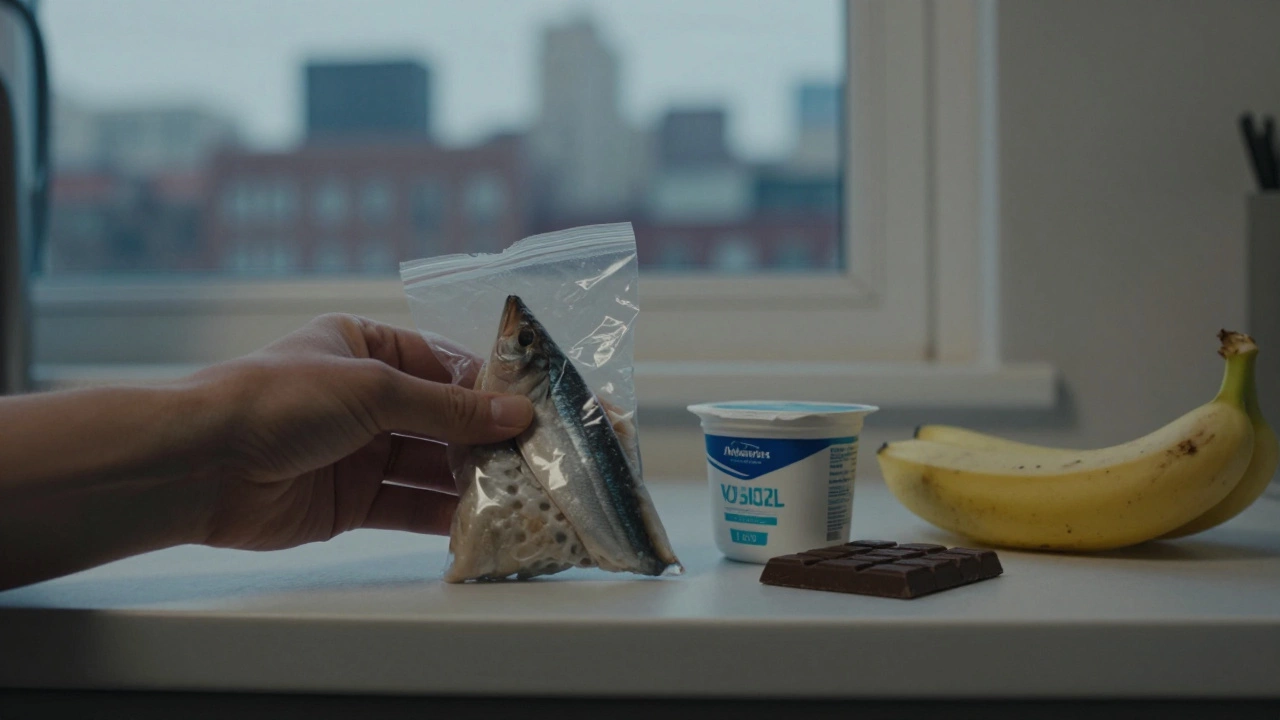 Замороженная сельдь и йогурт на полке кухни рядом с бананом и тёмным шоколадом.