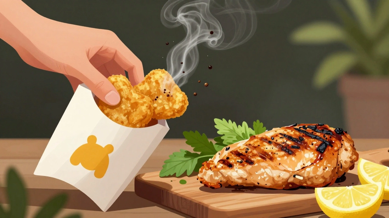 Жареная куриная наггетс с токсичным дымом рядом с запечённой курицей с лимоном и травами.